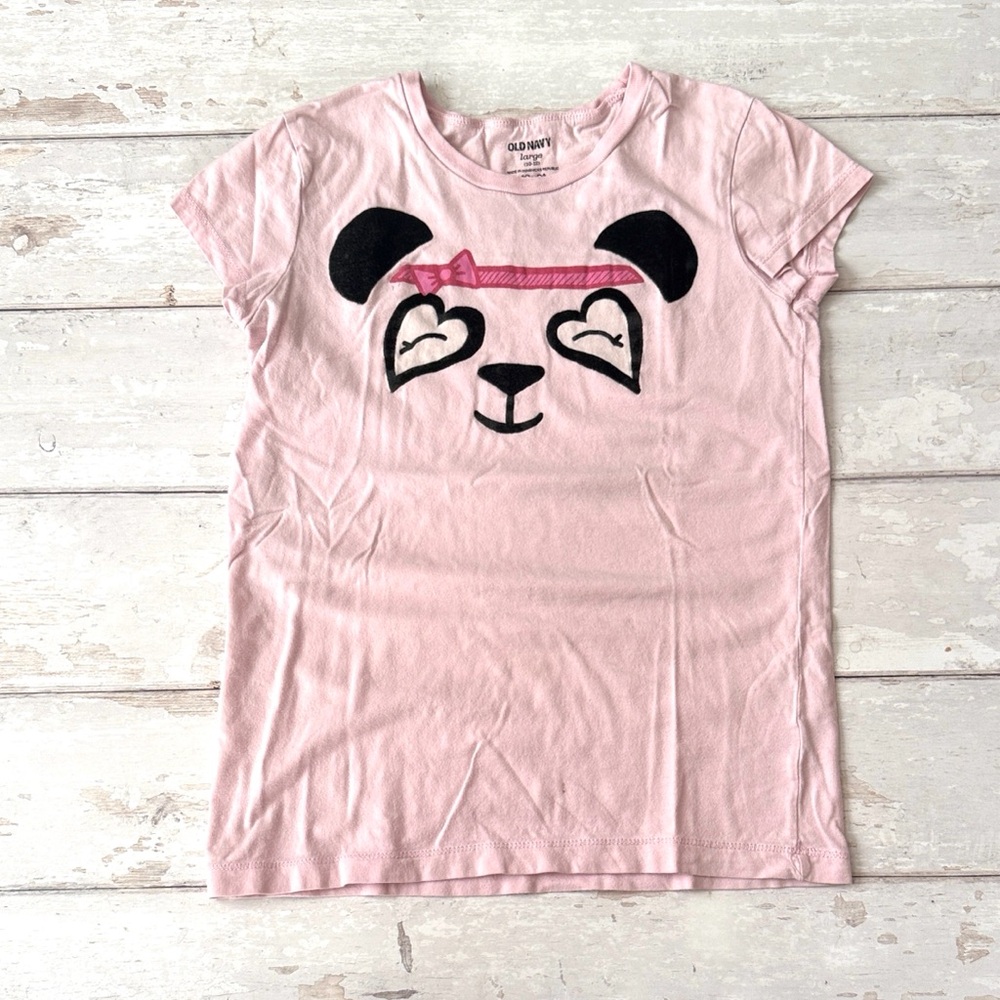 Girls 10/12 Old Navy Short Sleeve Pink Panda Shirt Size 10 12 Kids 100% Cotton